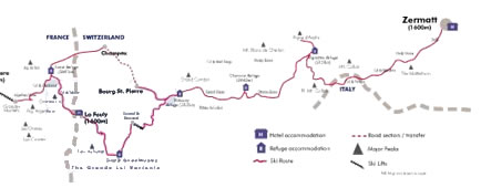 Trasa The Haute Route.  Kliknutím na obrázek se zobrazí zvětšenina trasy.